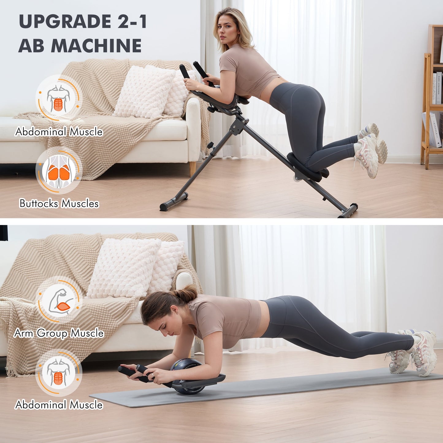 Adjustable Ab Machine with Detachable Ab Roller Wheel, 6-Level Core Workout Equipment for Home Gym, Foldable, 220lbs