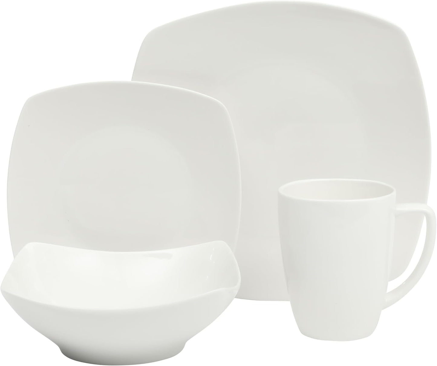Gibson Home Zen Buffet Porcelain Chip and Scratch Resistant Dinnerware Plates, Bowls, and Mugs Set, Service for 4 (16pcs), White (Square Dishes)