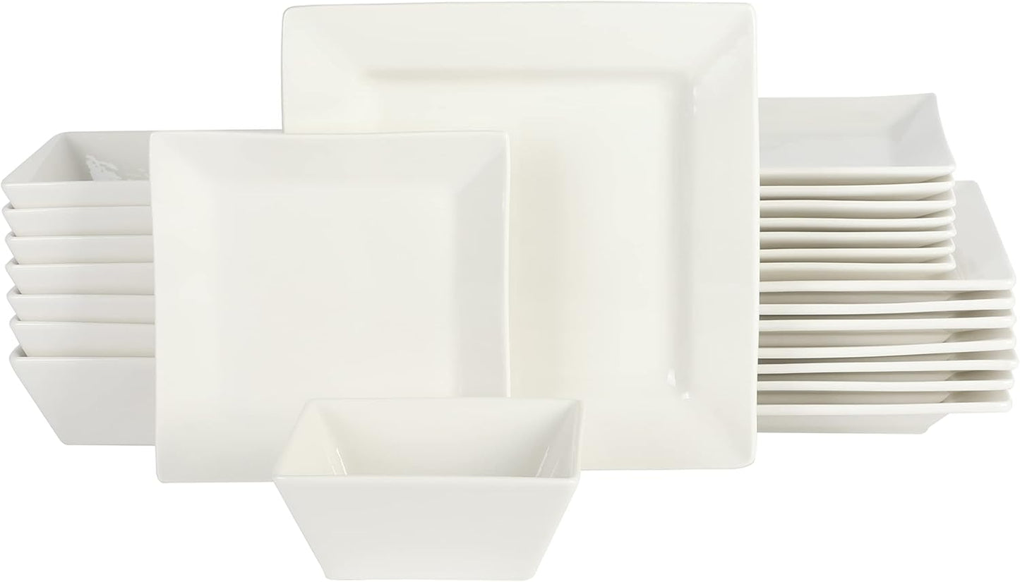Gibson Home Zen Buffet Porcelain Chip and Scratch Resistant Dinnerware Plates, Bowls, and Mugs Set, Service for 4 (16pcs), White (Square Dishes)