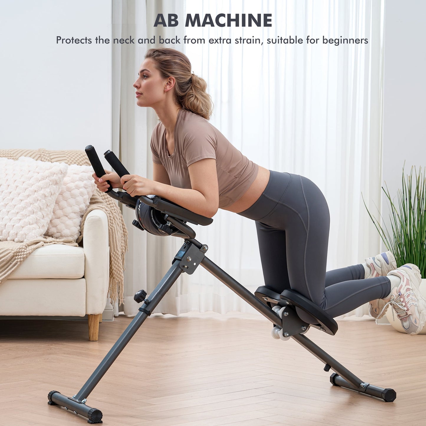 Adjustable Ab Machine with Detachable Ab Roller Wheel, 6-Level Core Workout Equipment for Home Gym, Foldable, 220lbs