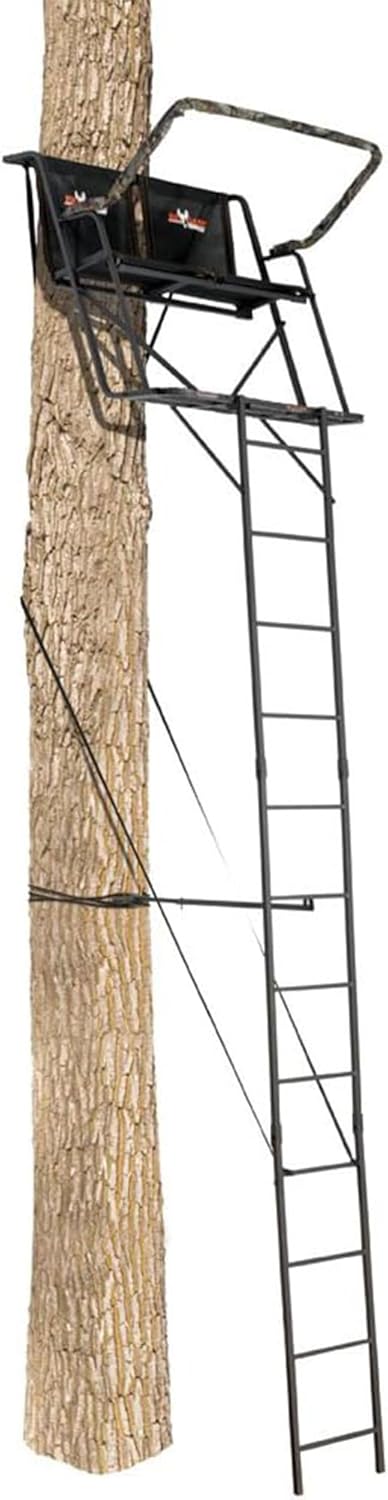 XL Ladder Treestand 17.5 Foot Tall with Flip Back Seat, Padded Armrests, Deep Foot Platform, Ideal for Hunting and Shooting, Black