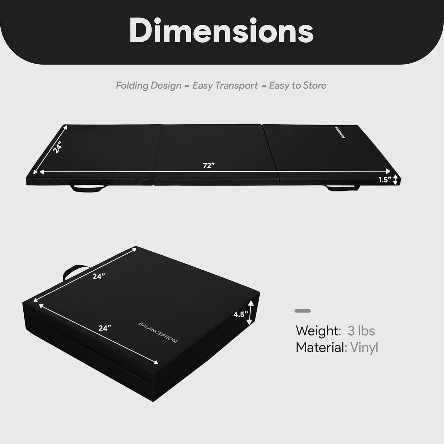 2ft x 6ft Three Fold Folding Exercise Mat with Carrying Handles for MMA, Gymnastics and Home Gym Protective Flooring, 1.5-Inch Thick, Multiple Colors