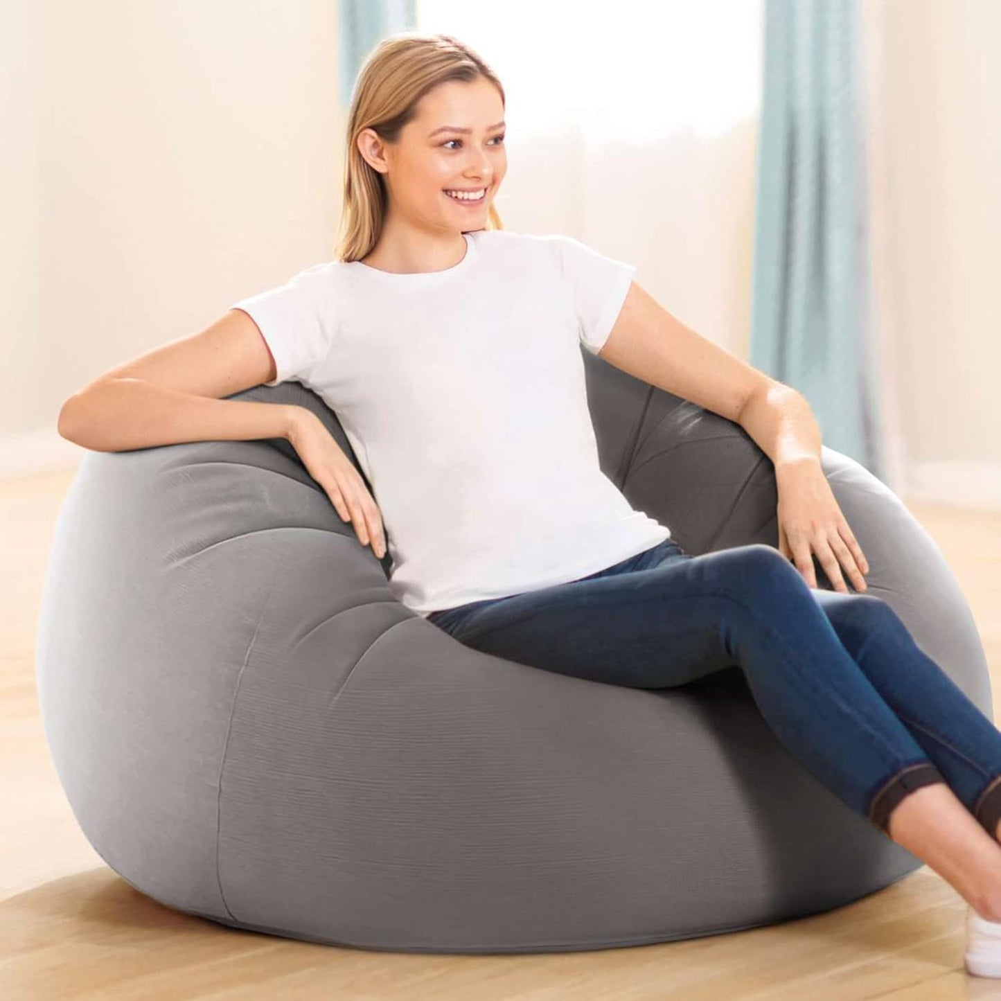 Beanless Bag Inflatable Lounge Chair: Corduroy Textured Flocking – Durable Vinyl – Folds Compactly – 220lb Weight Capacity – 45" x 45" x 28"
