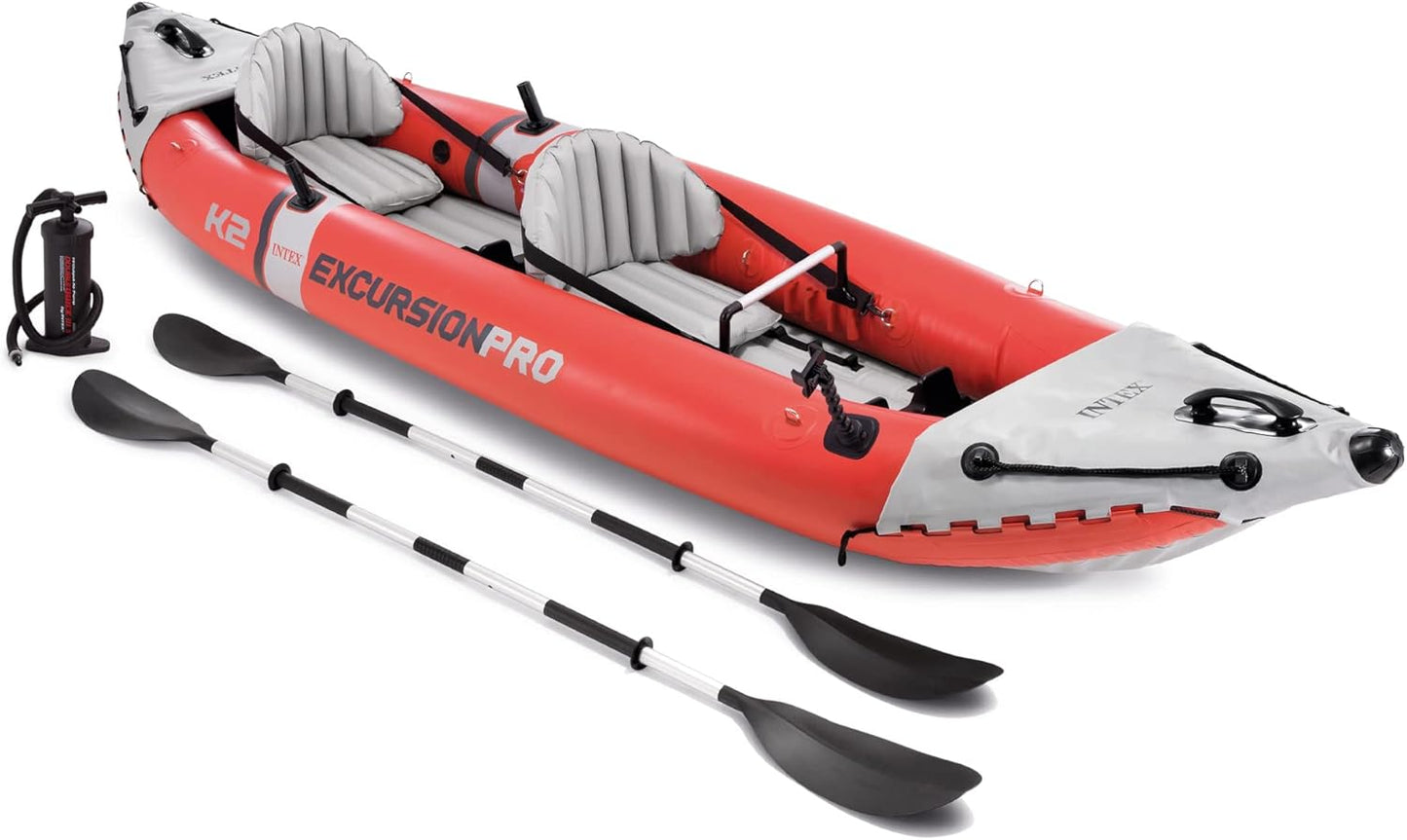 Excursion Pro K2 Inflatable Kayak Set: Includes Deluxe 86in Kayak Paddles and High-Output Pump – SuperTough PVC – Adjustable Bucket Seat – 2-Person – 400lb Weight Capacity