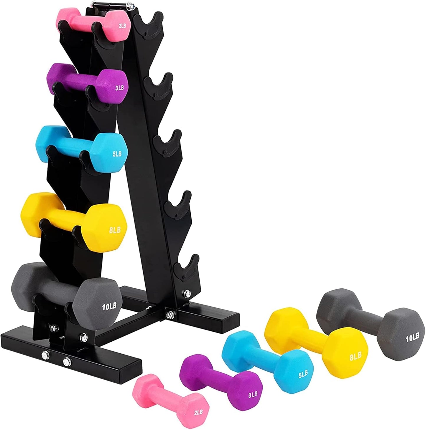 Colored Neoprene Coated Dumbbell Set with Stand, Multiple Sizes