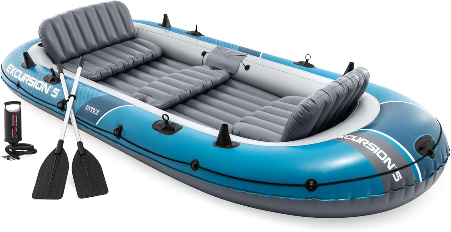 Inflatable Boat Set: Includes Deluxe 54in Boat Oars and High-Output Pump – Adjustable Seats with Backrest – Fishing Rod Holders – 4-Person – 1100lb Weight Capacity