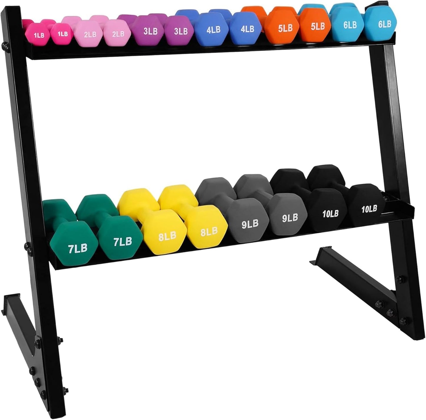 Colored Neoprene Coated Dumbbell Set with Stand, Multiple Sizes