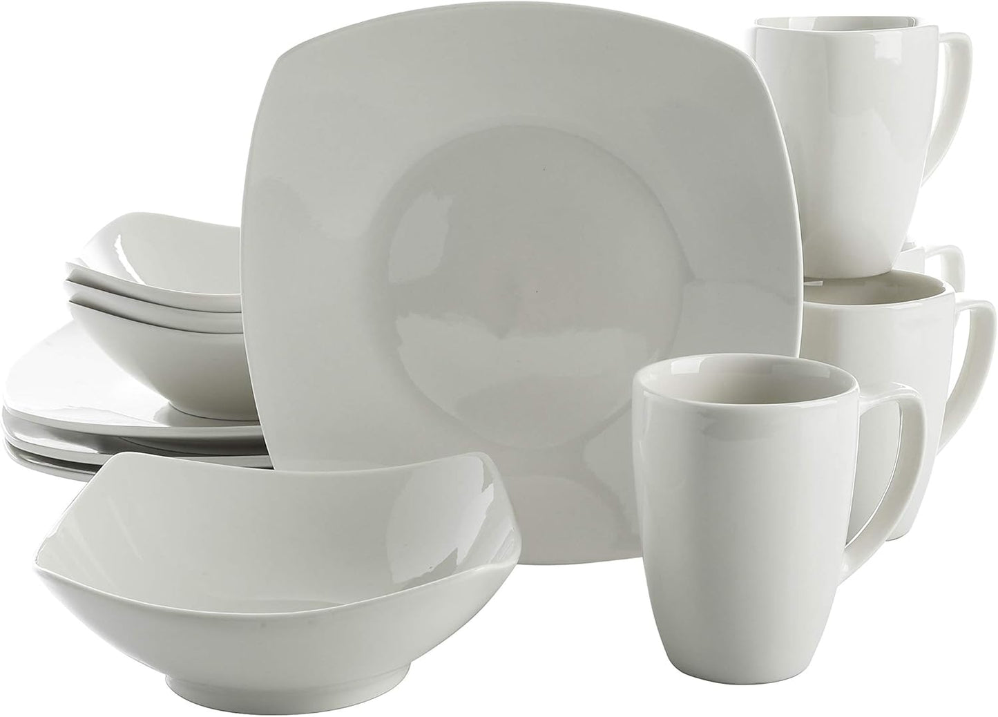 Gibson Home Zen Buffet Porcelain Chip and Scratch Resistant Dinnerware Plates, Bowls, and Mugs Set, Service for 4 (16pcs), White (Square Dishes)