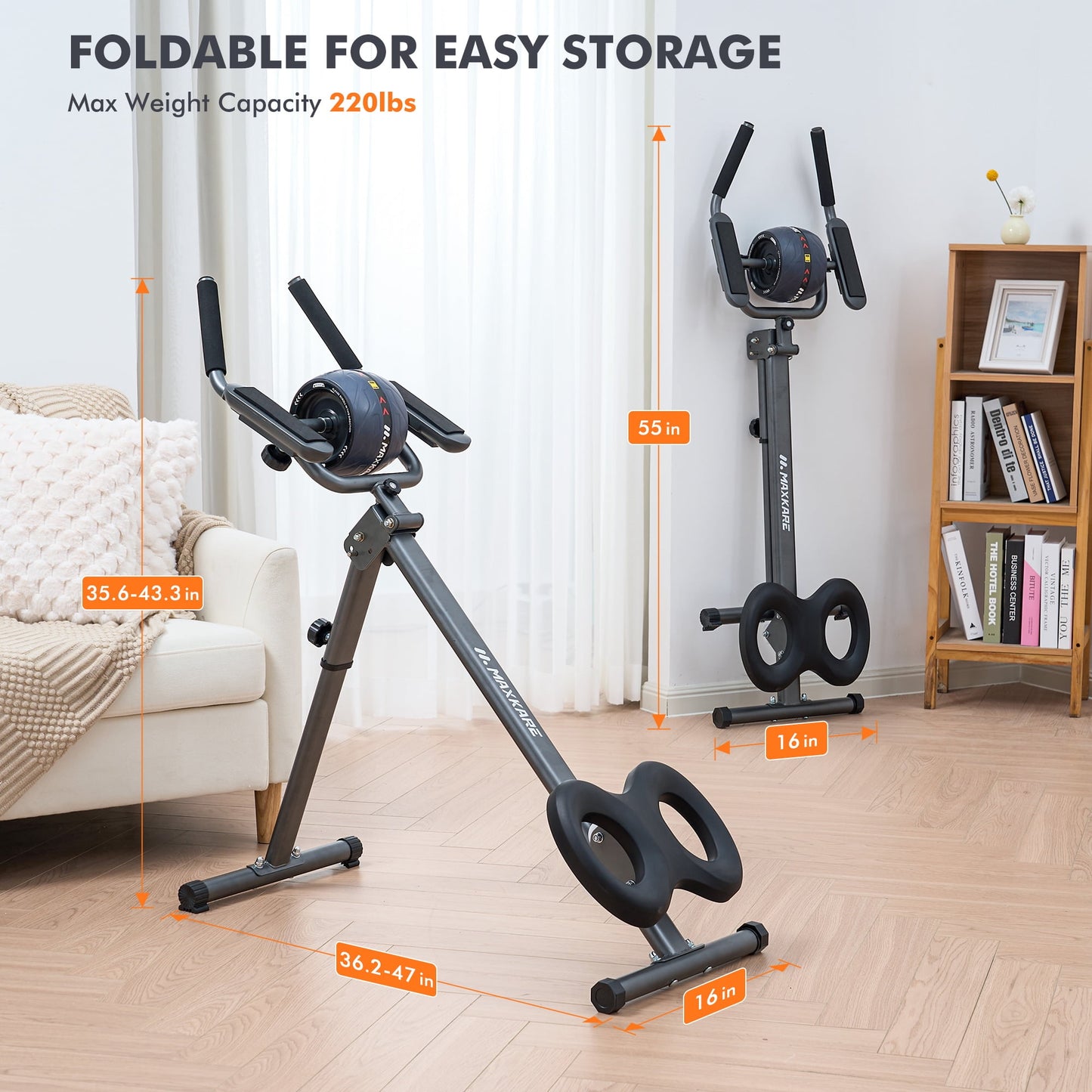 Adjustable Ab Machine with Detachable Ab Roller Wheel, 6-Level Core Workout Equipment for Home Gym, Foldable, 220lbs