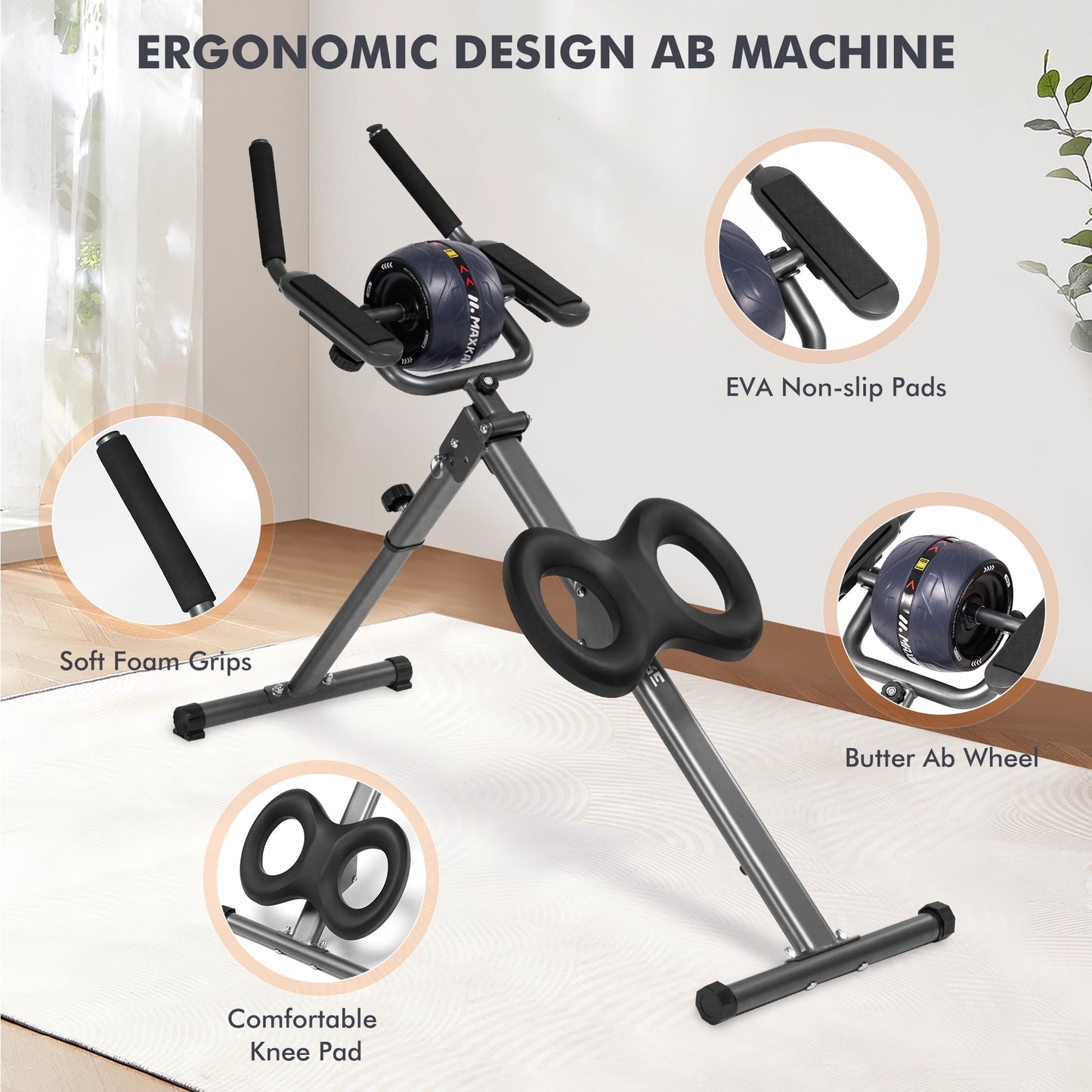 Adjustable Ab Machine with Detachable Ab Roller Wheel, 6-Level Core Workout Equipment for Home Gym, Foldable, 220lbs