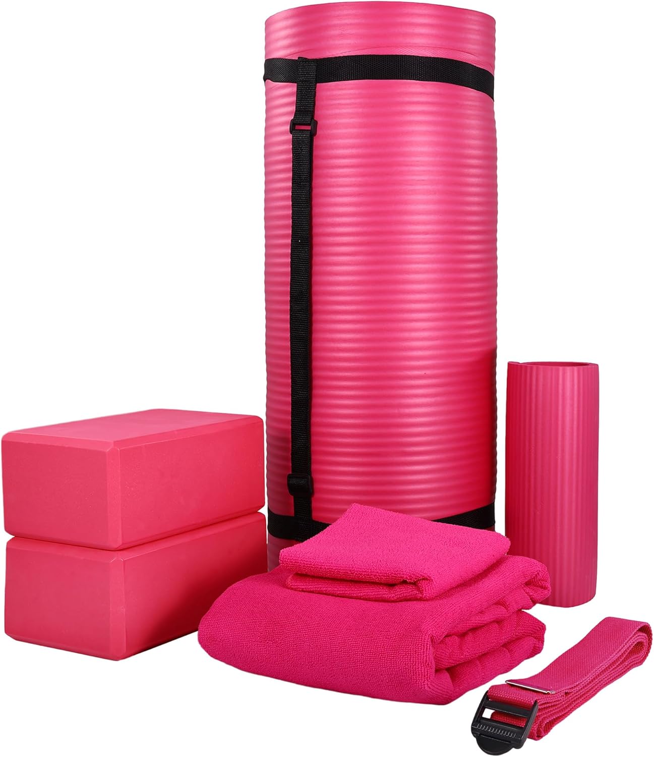 Fitness 7-Piece Home Gym Yoga Set with 1-Inch Thick Yoga Mat, 2 Yoga Blocks, Mat Towel, Hand Towel, Stretch Strap & Knee Pad, Blue