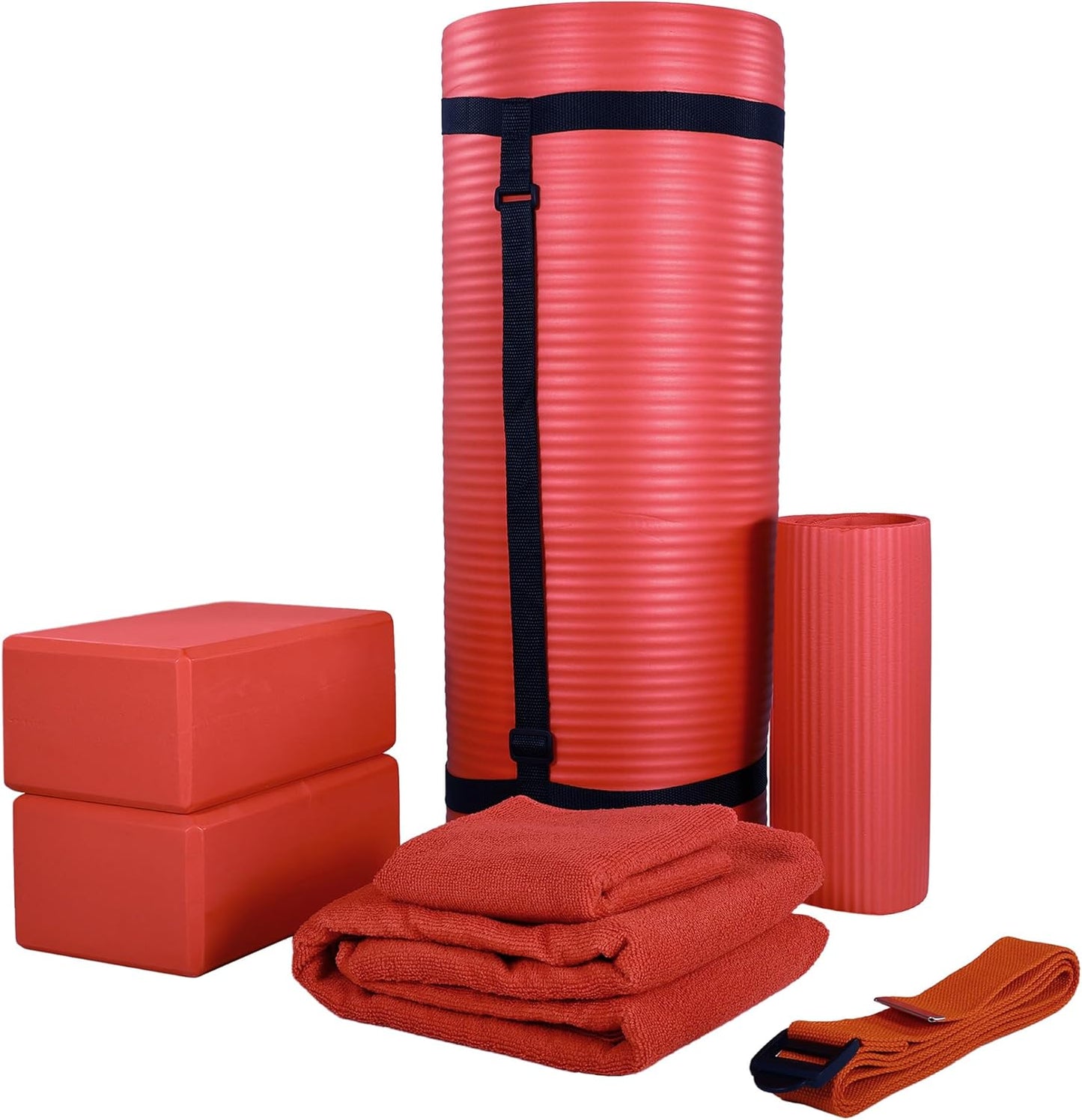 Fitness 7-Piece Home Gym Yoga Set with 1-Inch Thick Yoga Mat, 2 Yoga Blocks, Mat Towel, Hand Towel, Stretch Strap & Knee Pad, Blue
