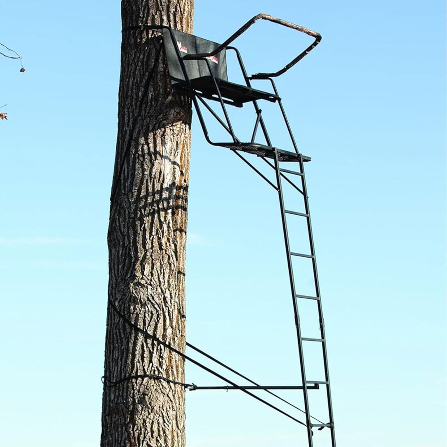 XL Ladder Treestand 17.5 Foot Tall with Flip Back Seat, Padded Armrests, Deep Foot Platform, Ideal for Hunting and Shooting, Black