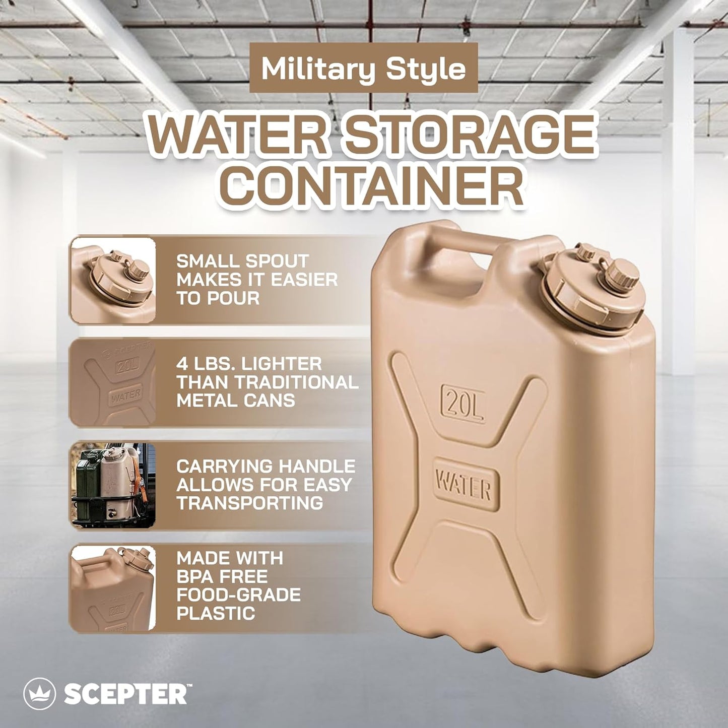 Durable 5 Gallon 20 Liter Portable Military Water Storage Container for Camping, Outdoors and Emergency Management