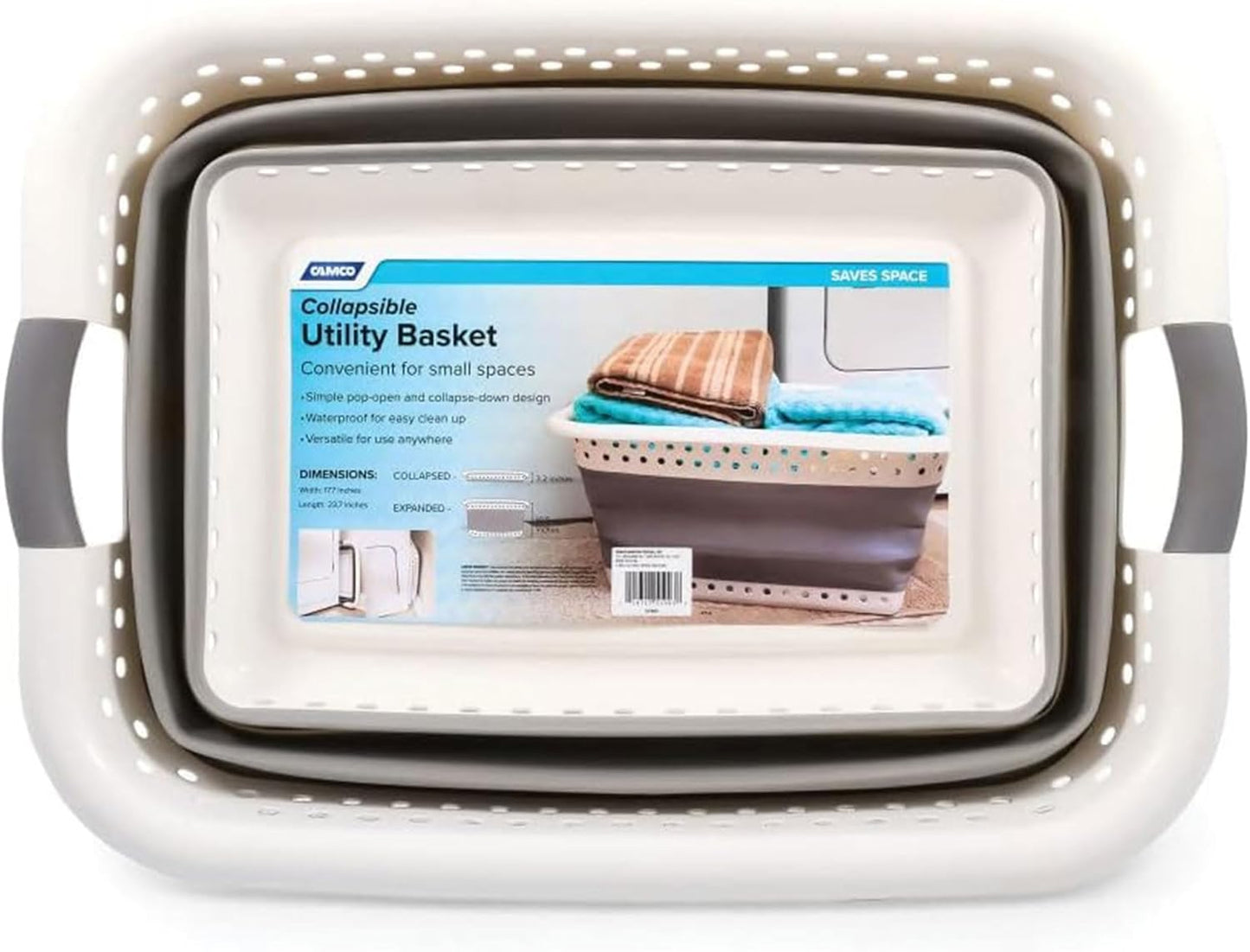 Collapsible Utility Laundry Basket - Waterproof Design Easily Fits Into Compact Spaces | Great for Traveling, RVs, Trailers Camping, Dorms, Small Spaces and More - (51903), White/Gray, Large