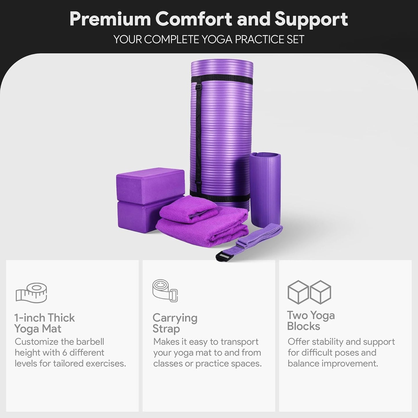 Fitness 7-Piece Home Gym Yoga Set with 1-Inch Thick Yoga Mat, 2 Yoga Blocks, Mat Towel, Hand Towel, Stretch Strap & Knee Pad, Blue
