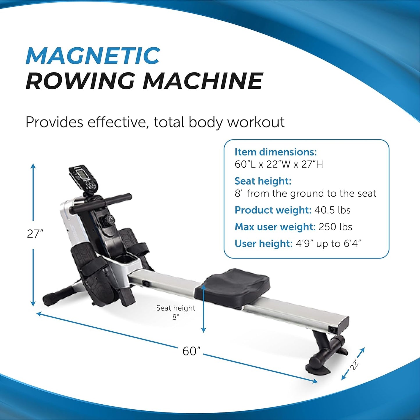 Magnetic Rower - Rower Machine with Smart Workout App - Rowing Machine with Magnetic Resistance for Home Gym Fitness - Up to 250 lbs Weight Capacity