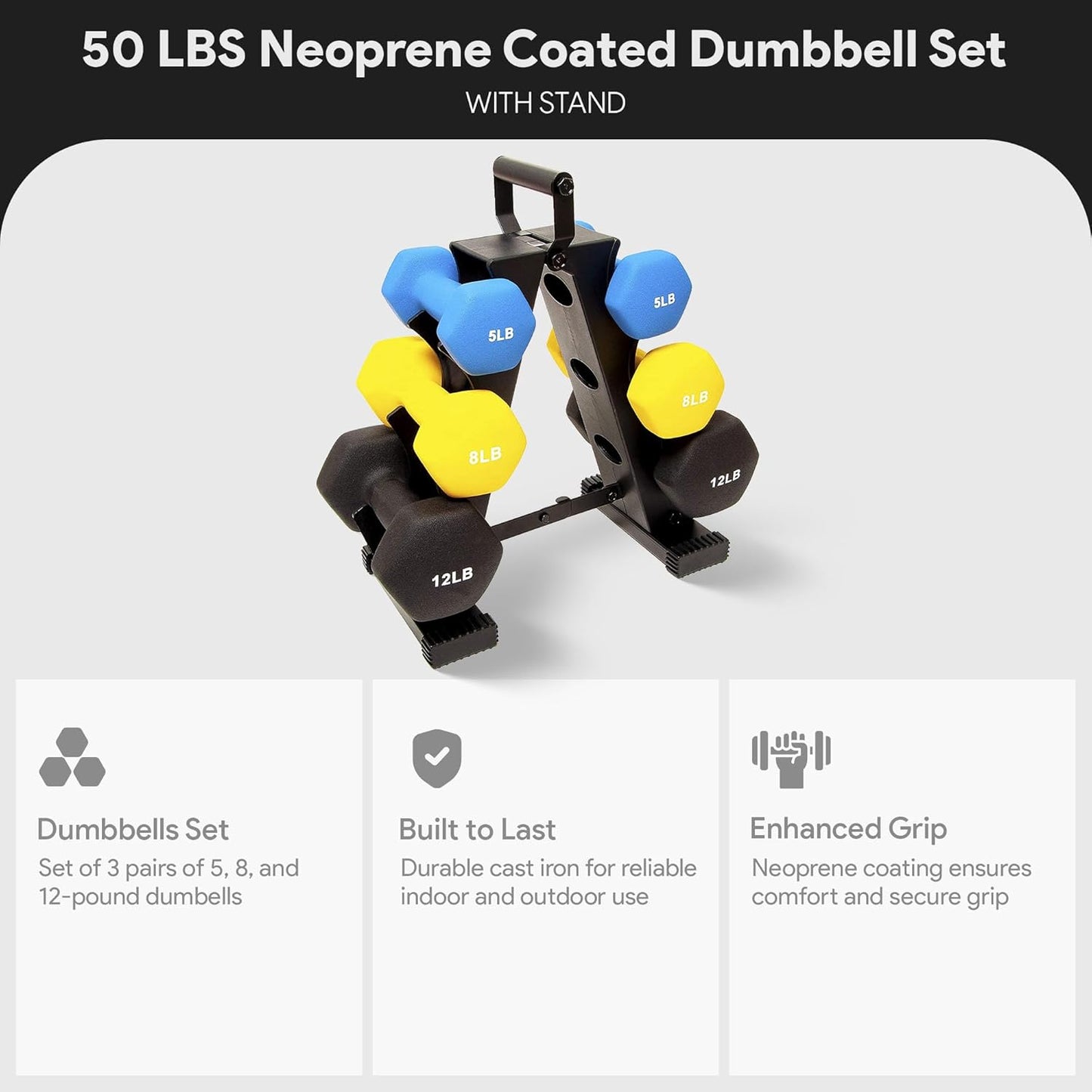 Colored Neoprene Coated Dumbbell Set with Stand, Multiple Sizes