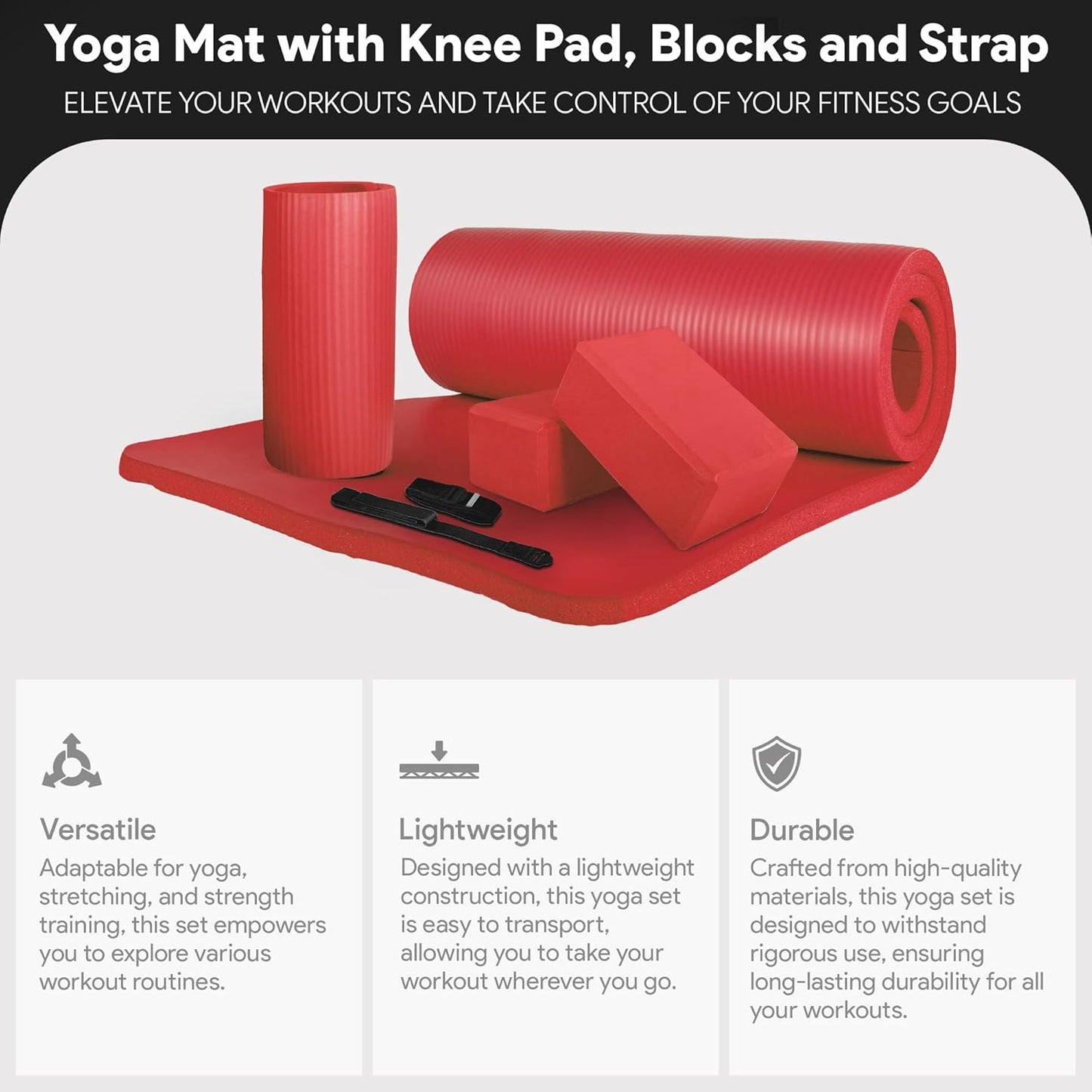 Exercise Yoga Mat for Home Workout, 1” Thick, Optional Blocks & Knee Pad