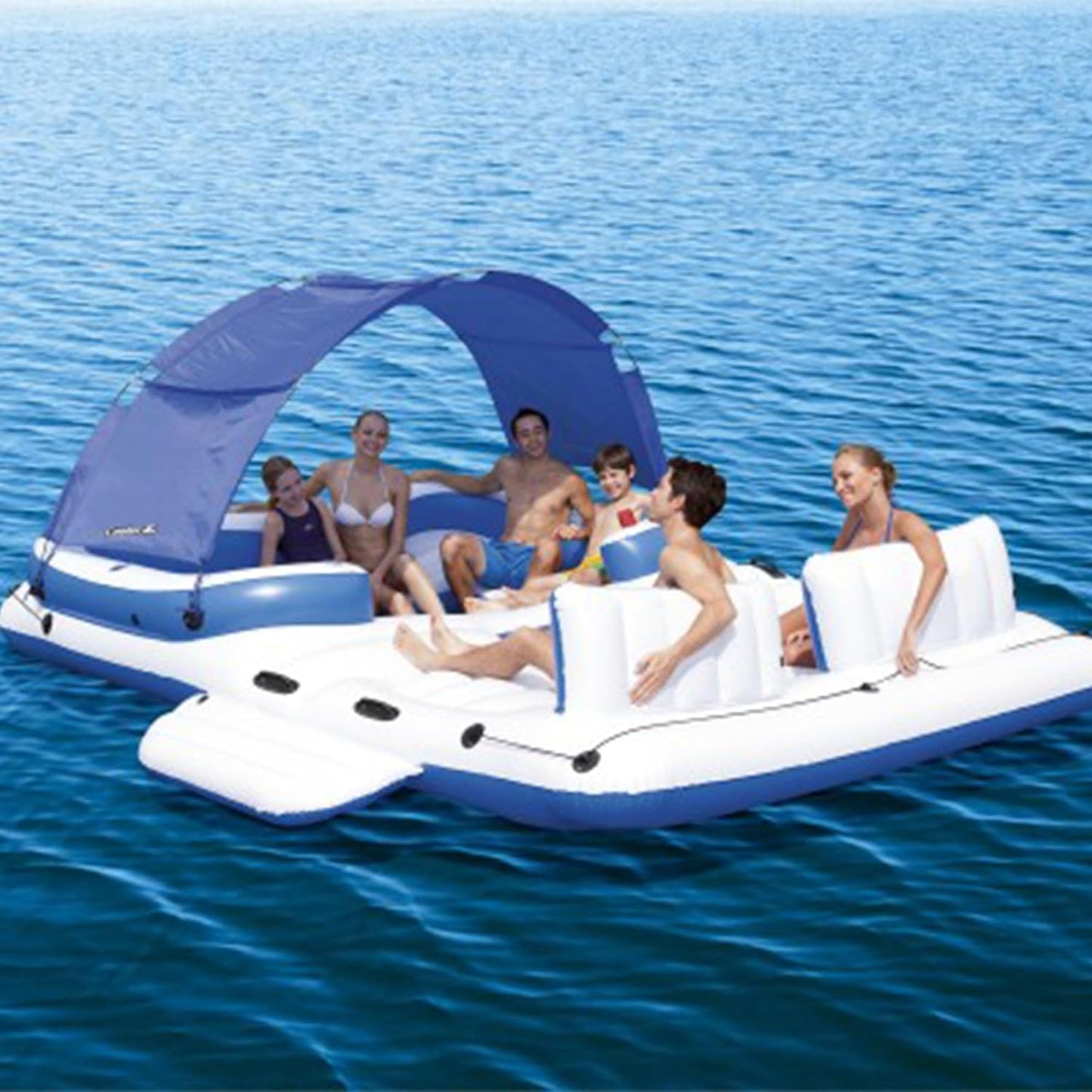 CoolerZ Tropical Breeze 6 Person Inflatable Party Island Large Relaxing Water Float with Detachable Sunshade and Cooler Bag