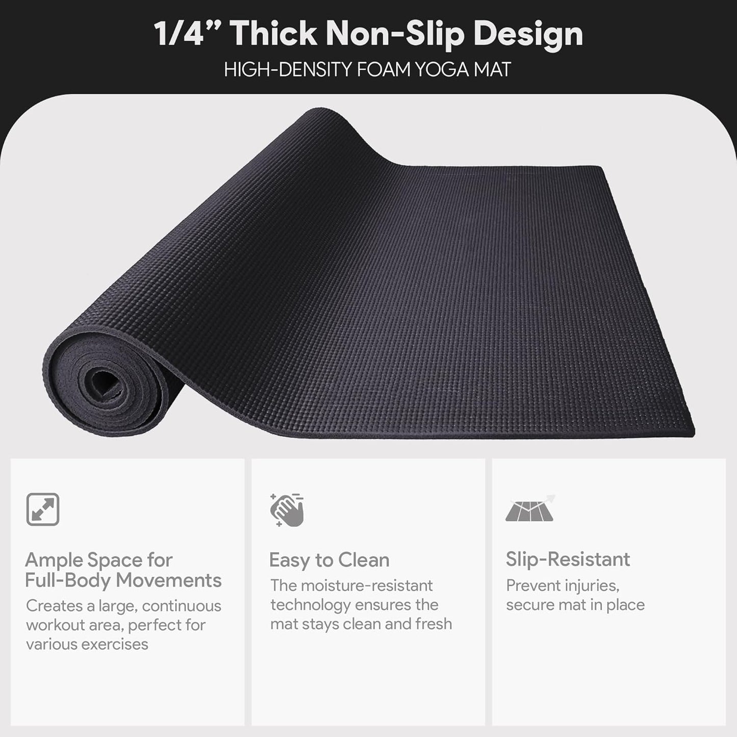 All Purpose 1/4-Inch High Density Anti-Tear Exercise Yoga Mat with Carrying Strap, Multiple Colors