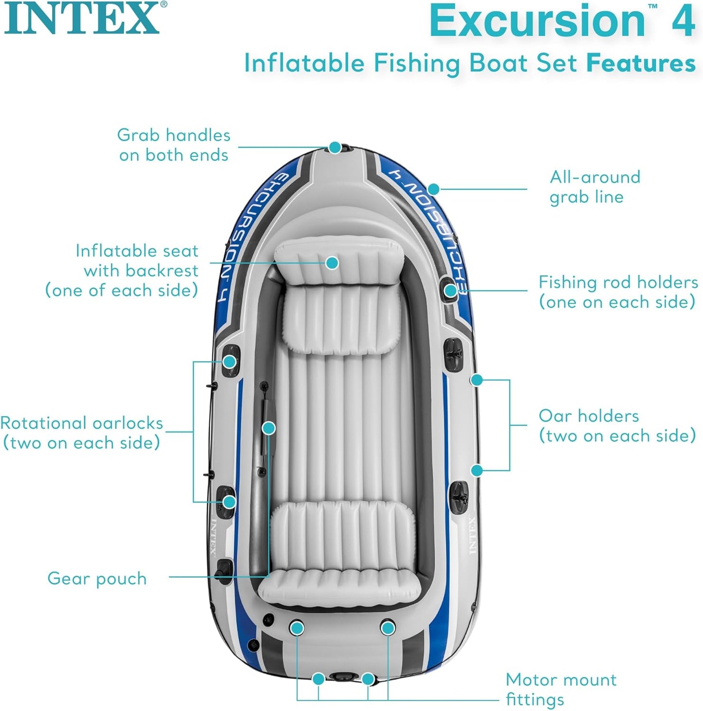 Inflatable Boat Set: Includes Deluxe 54in Boat Oars and High-Output Pump – Adjustable Seats with Backrest – Fishing Rod Holders – 4-Person – 1100lb Weight Capacity