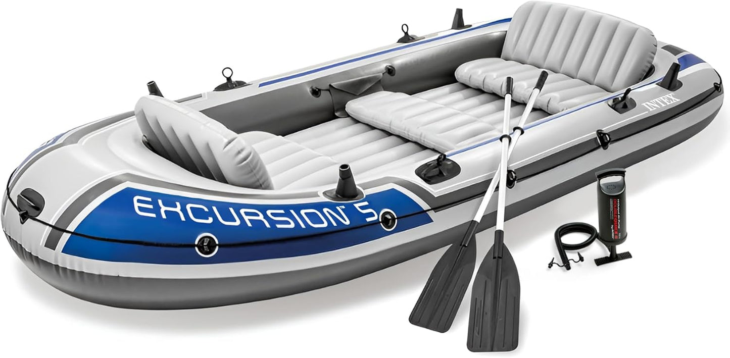 Inflatable Boat Set: Includes Deluxe 54in Boat Oars and High-Output Pump – Adjustable Seats with Backrest – Fishing Rod Holders – 4-Person – 1100lb Weight Capacity