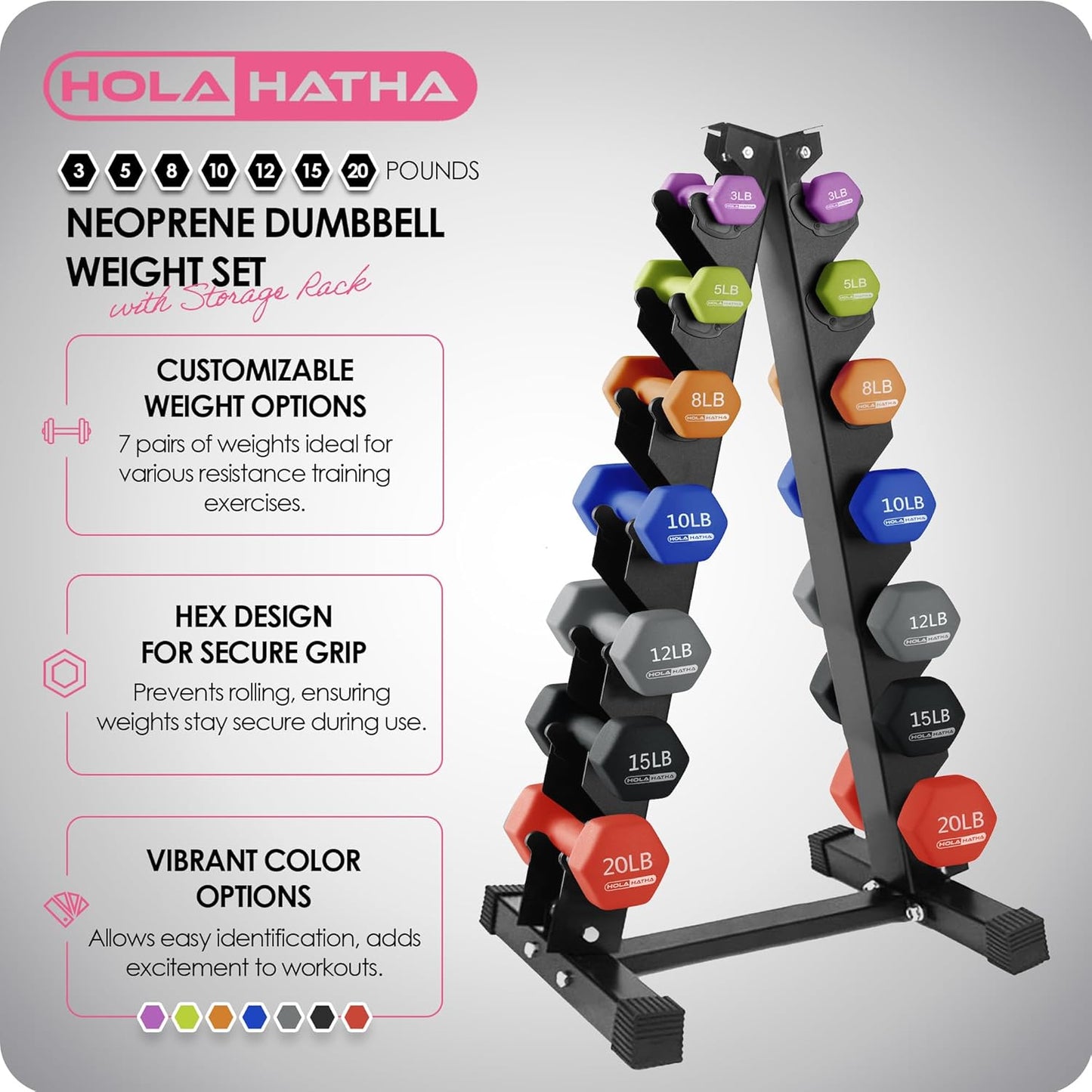 2, 3, 5, 8, and 10 Pound Neoprene Dumbbell Free Hand Weight Set with Rack, Ideal for Home Exercises to Gain Tone and Definition, Pastel
