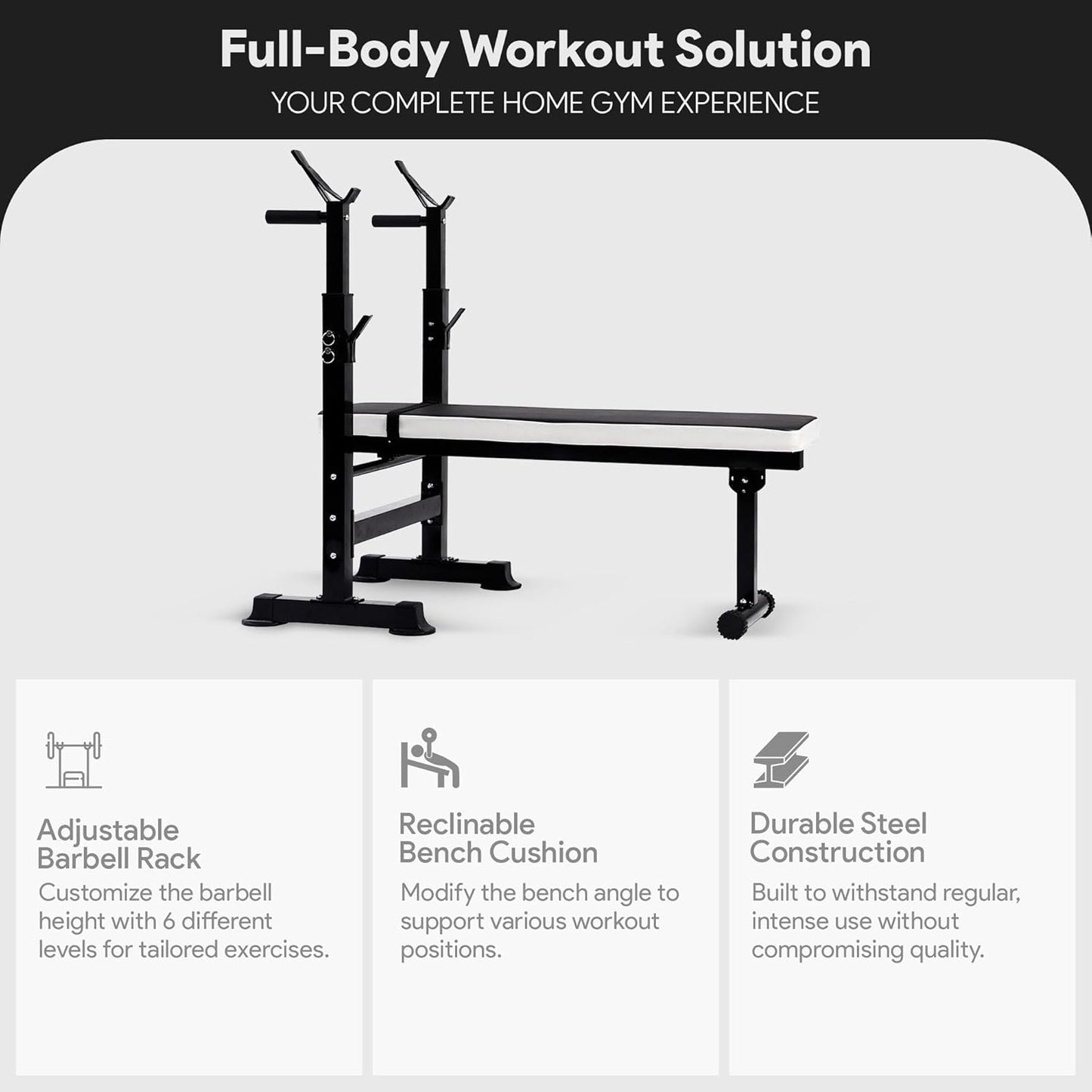 Steel Weight Bench w/ Squat Rack in Multiple Colors, 400 lb User Capacity - Foldable Home Gym Equipment for Range of Workouts w/ 6-Position Barbell Holder & Adjustable Seat and Recliner