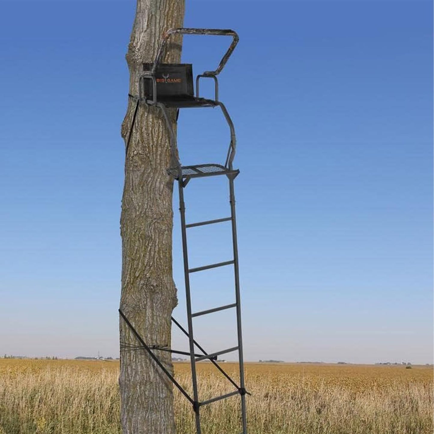 1-Person Ladder Tree Stand for Hunting Deer, Flex-Tek Seat, Black - Adjustable Climbing Treestand with Platform and Safety Harness for Shooting