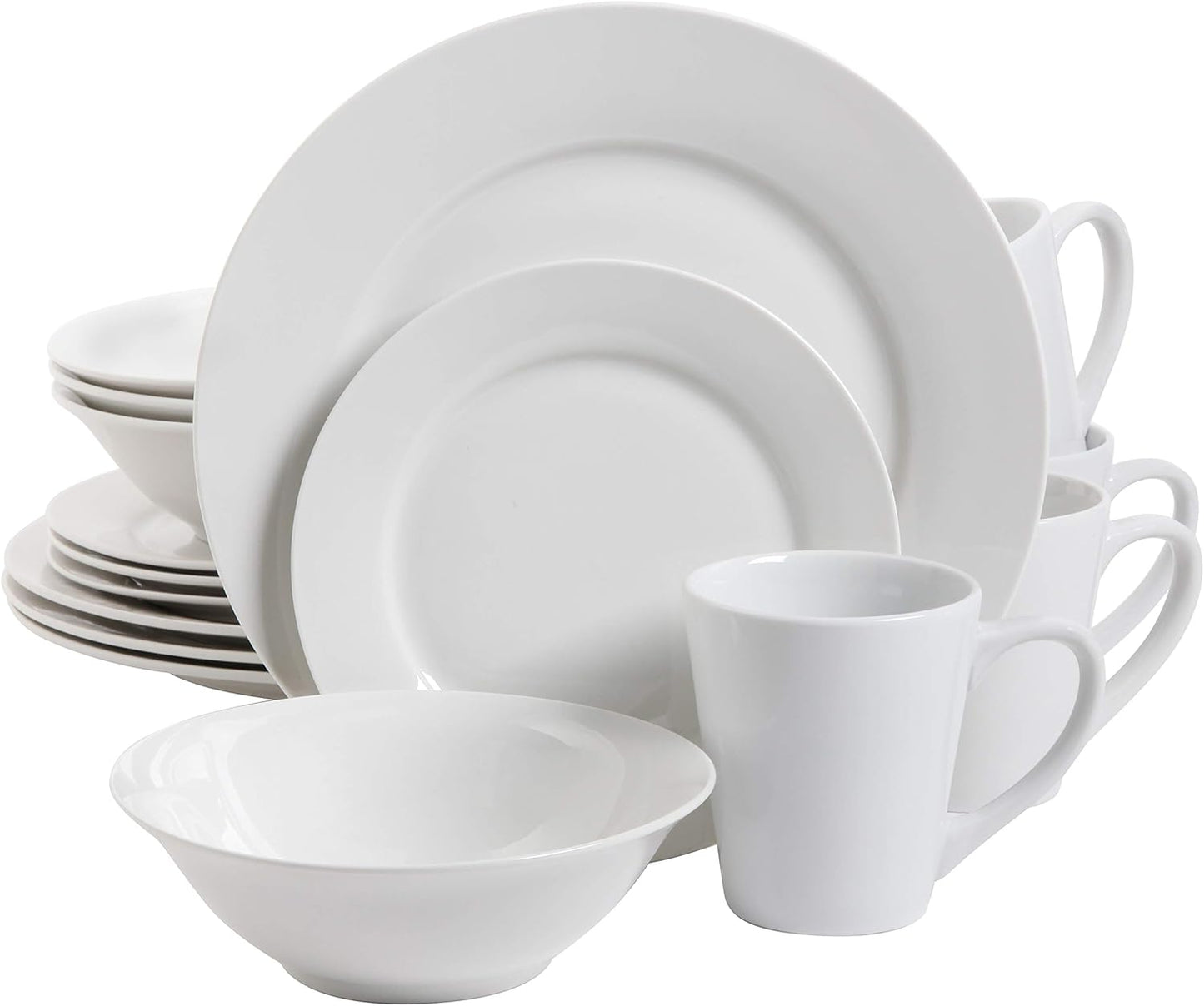 Gibson Home Zen Buffet Porcelain Chip and Scratch Resistant Dinnerware Plates, Bowls, and Mugs Set, Service for 4 (16pcs), White (Square Dishes)