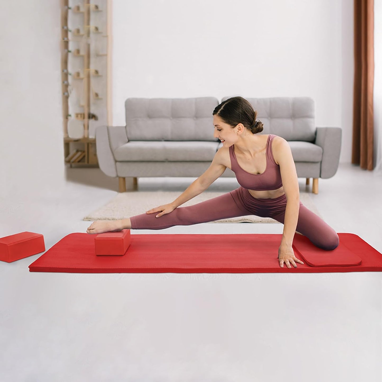 Exercise Yoga Mat for Home Workout, 1” Thick, Optional Blocks & Knee Pad