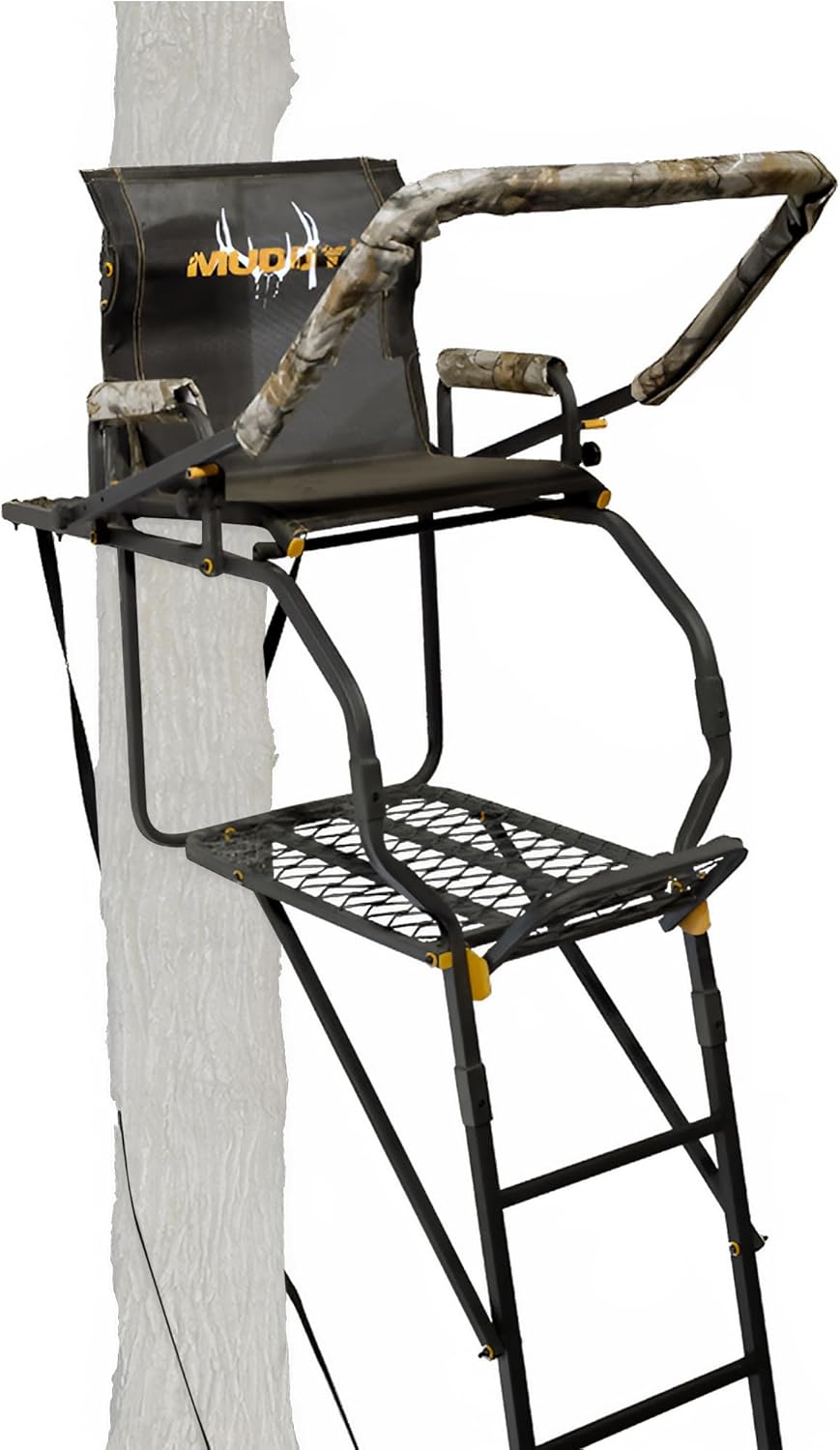 1-Person Huntsman Deluxe Steel Ladder Tree Stand, 17 ft Tall, 300 lb Capacity - Heavy-Duty Hunting Treestand with Lumbar Support Seat, Flip-Back Adjustable Shooting Rail & Silencer Technology