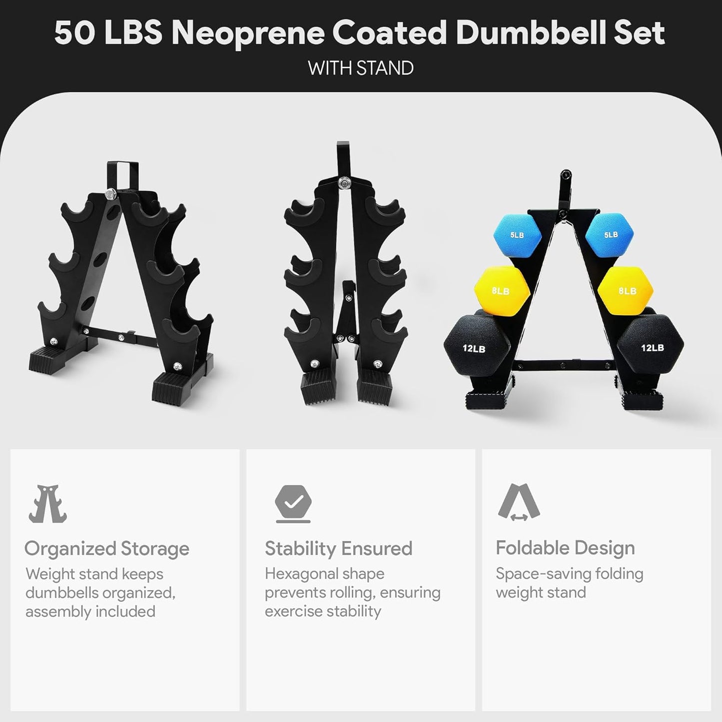 Colored Neoprene Coated Dumbbell Set with Stand, Multiple Sizes