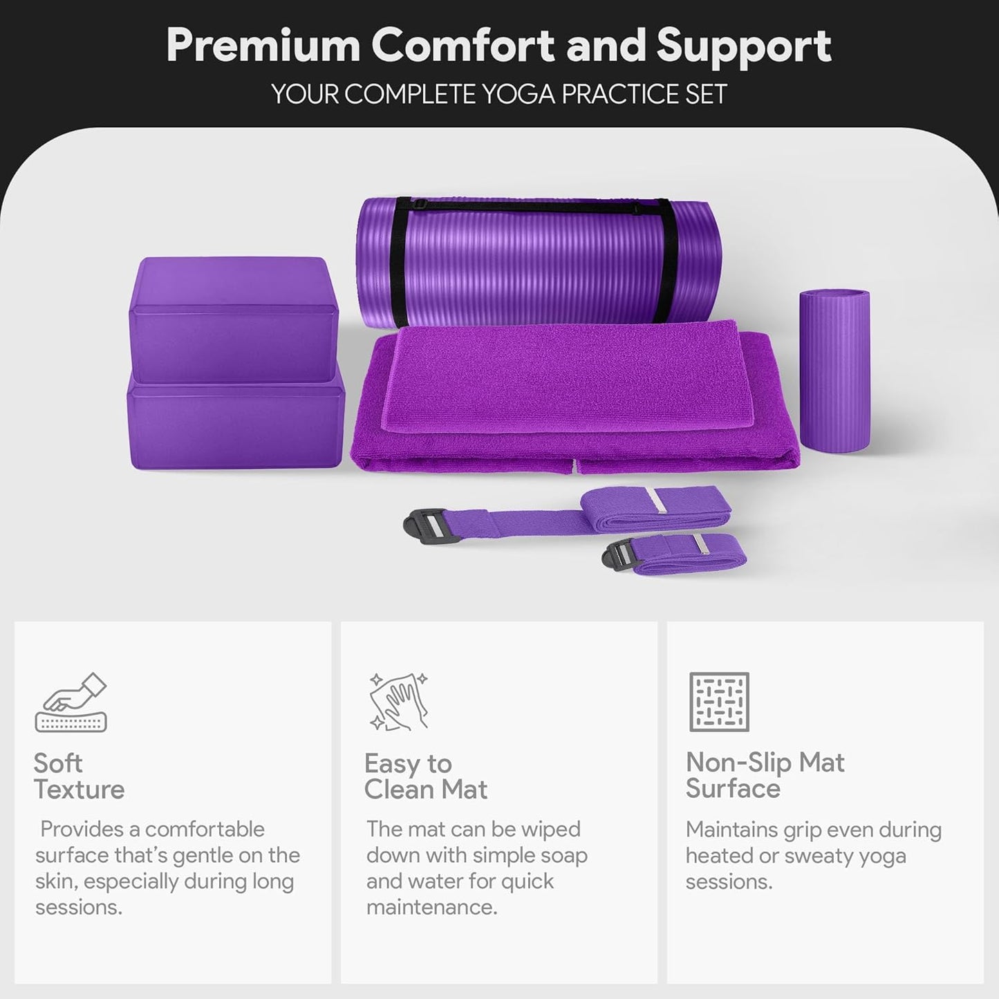 Fitness 7-Piece Home Gym Yoga Set with 1-Inch Thick Yoga Mat, 2 Yoga Blocks, Mat Towel, Hand Towel, Stretch Strap & Knee Pad, Blue