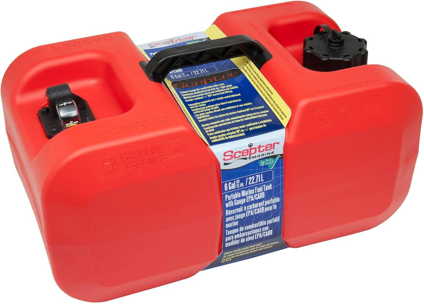 12 Gallon Portable Marine Gas Can, Large Capacity Boat Fuel Tank, 2-Way Vented Cap, Built-In Fuel Gauge & Pick-Up, Handles, EPA & CARB Compliant, Tall Profile, 22.9"L x 14.3"W x 13.9"H (08668)