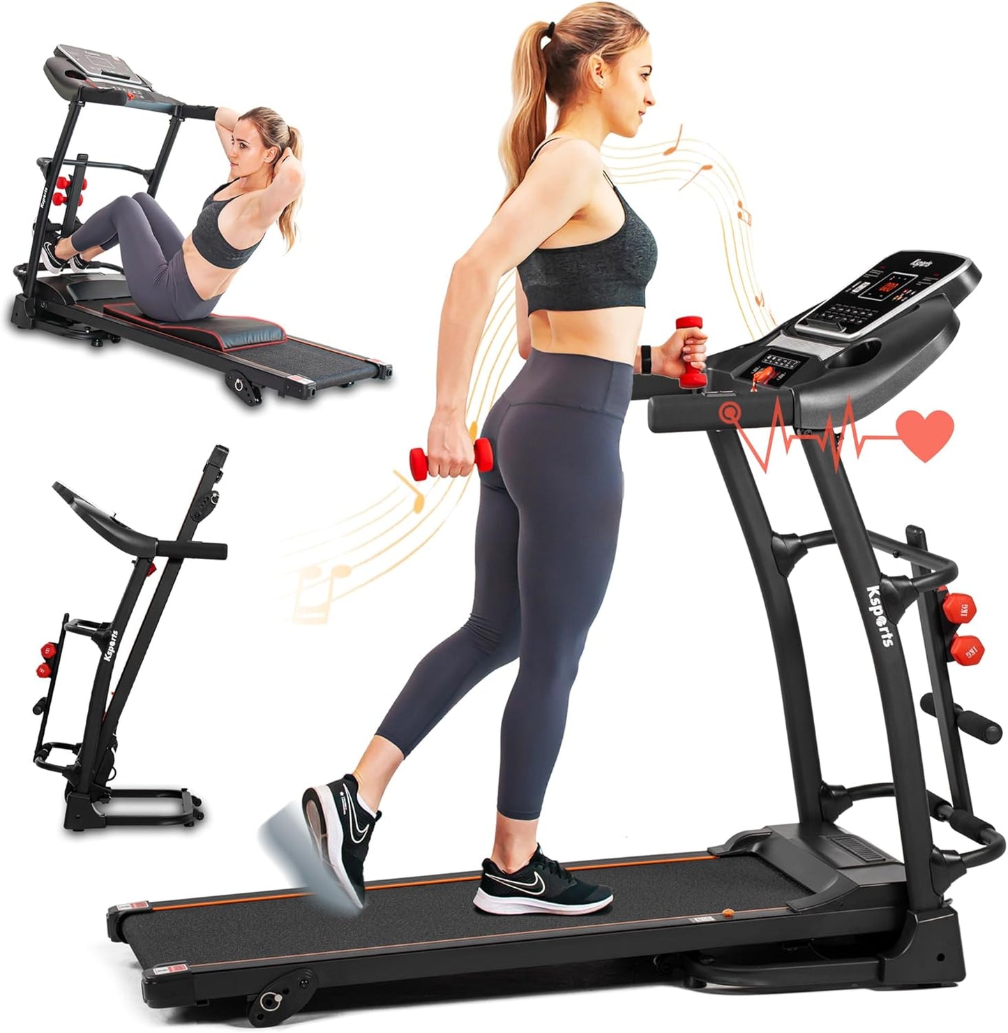 Foldable 16.5 Inch Cardio Fitness Portable Treadmill with Bluetooth Connectivity, LCD Display, and Tracking Apps for Home Gym Equipment, Black