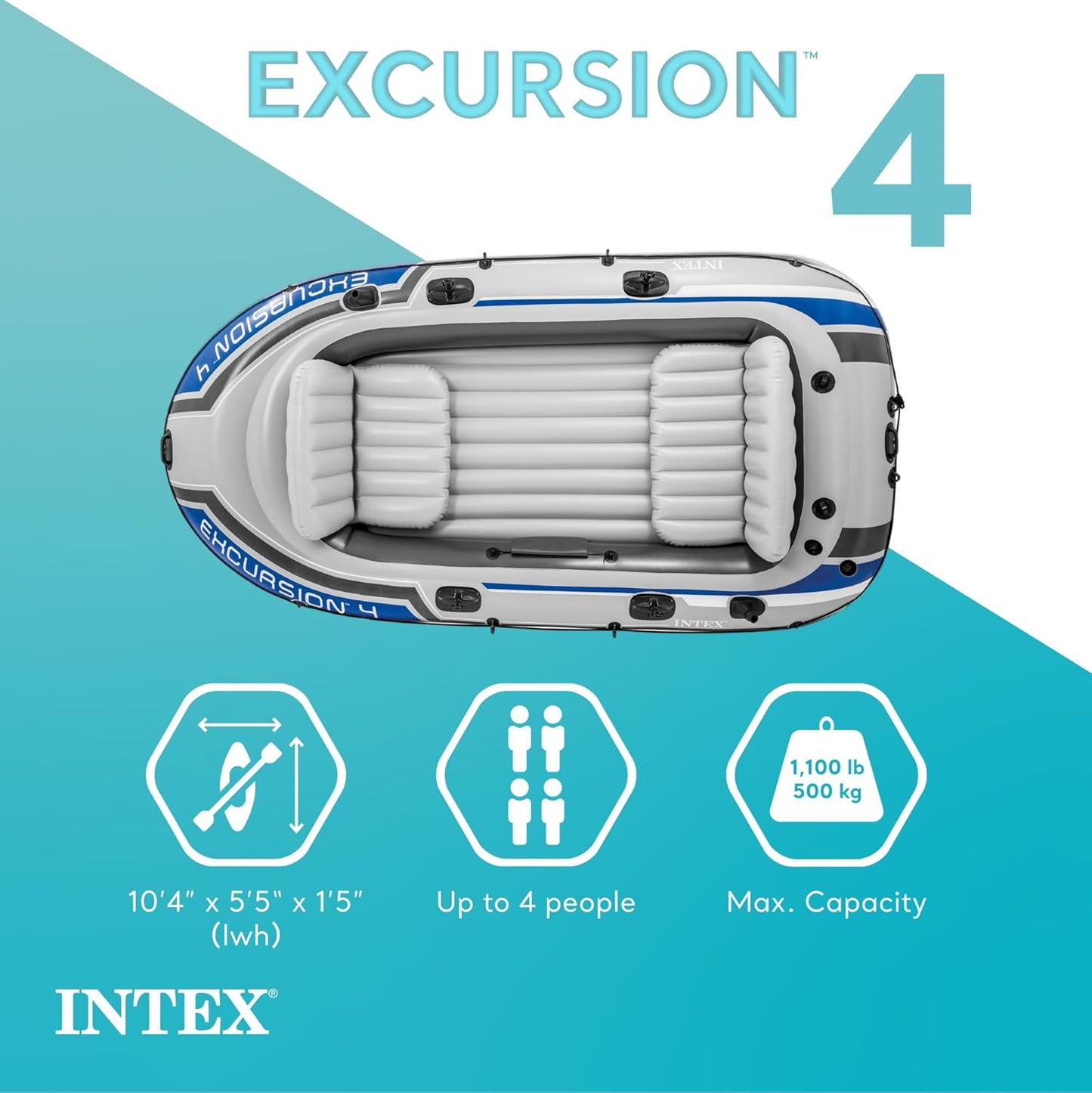 Inflatable Boat Set: Includes Deluxe 54in Boat Oars and High-Output Pump – Adjustable Seats with Backrest – Fishing Rod Holders – 4-Person – 1100lb Weight Capacity