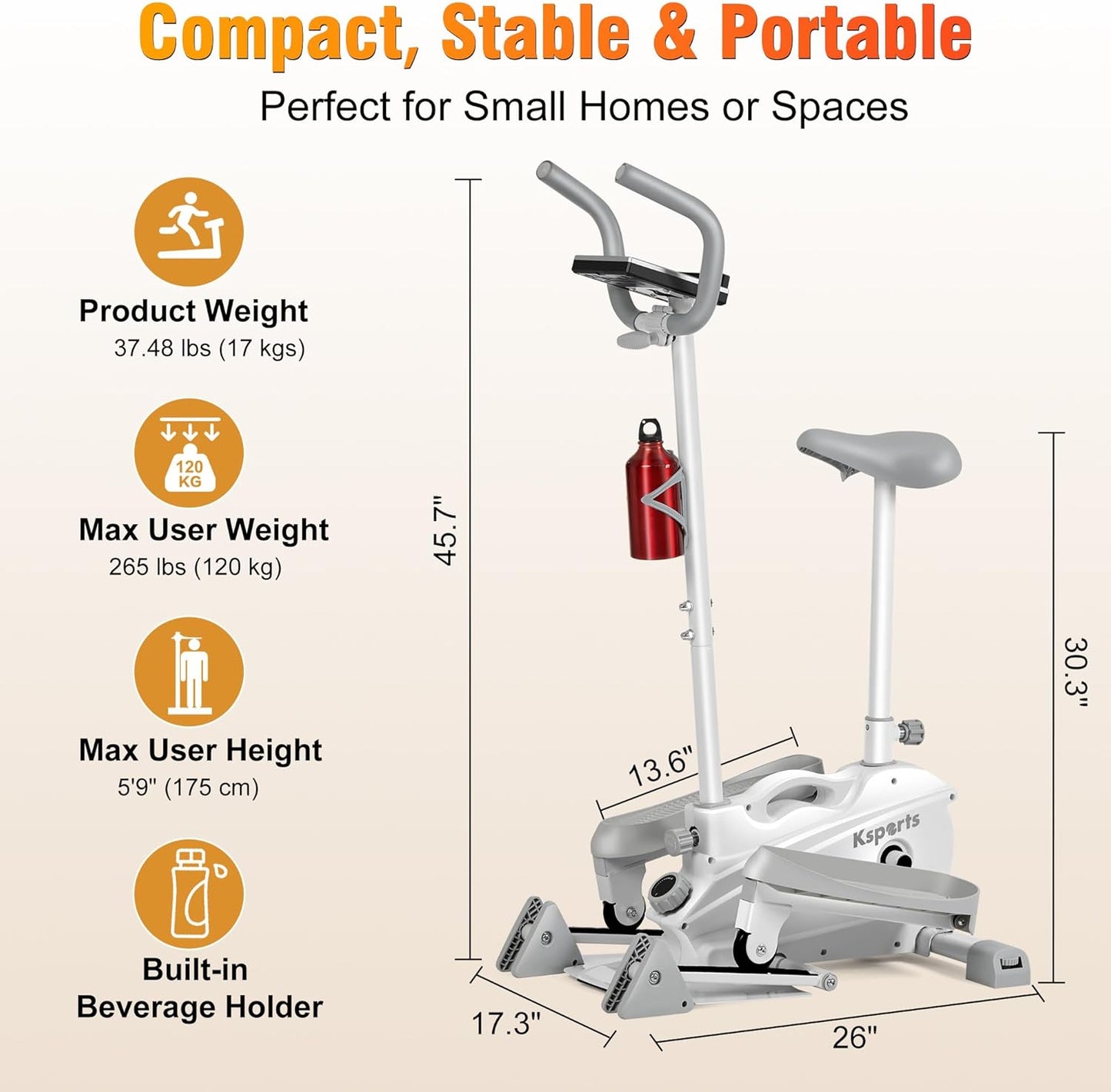 Ksports Mini Elliptical with Optional Handles & Seat, 3 Levels Manual Incline, Quiet Infinite Adjustable Magnetic Resistance, and LED Display – Joint-Friendly and Versatile Design