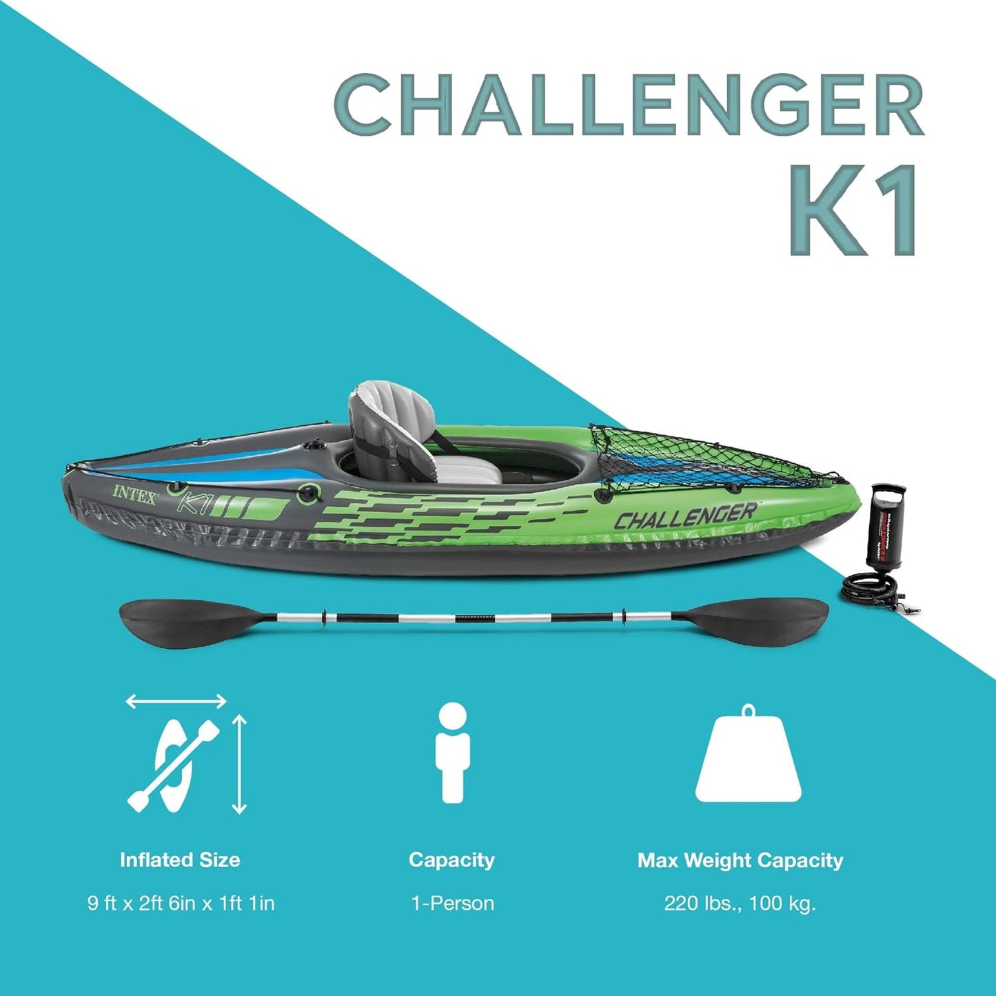 1 Person Durable Vinyl Streamline Sporty Kayak with Inflatable Seat and Backrest, Oar, Pump, Carrying Bag, and Repair Kit (2 Pack)