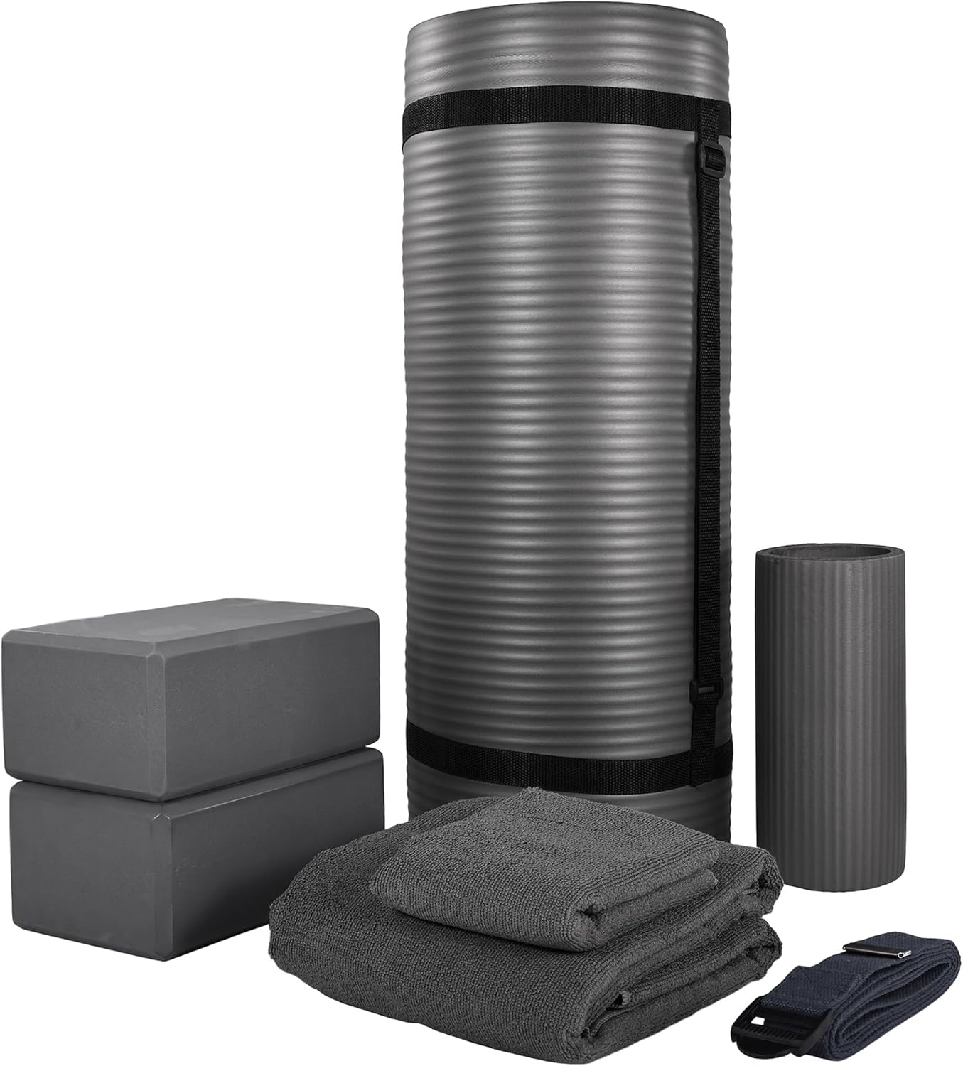Fitness 7-Piece Home Gym Yoga Set with 1-Inch Thick Yoga Mat, 2 Yoga Blocks, Mat Towel, Hand Towel, Stretch Strap & Knee Pad, Blue