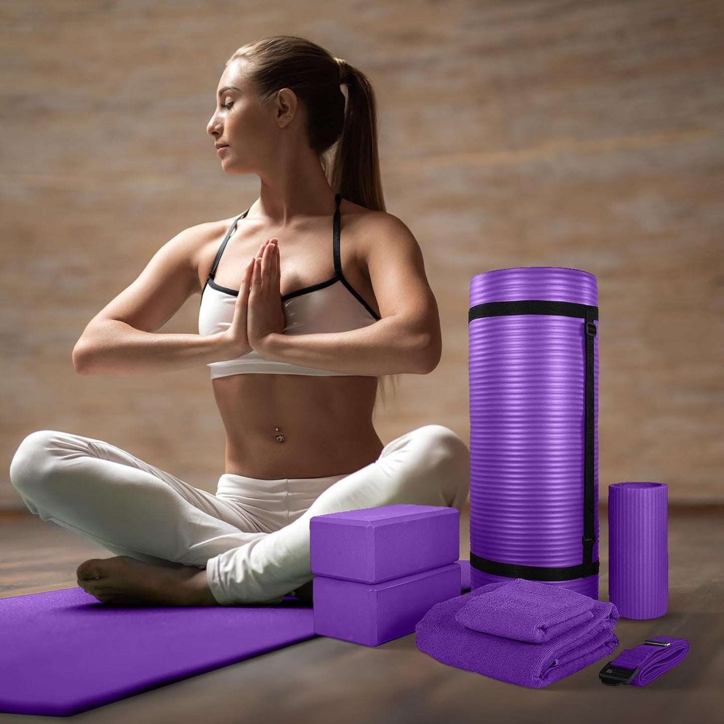 Fitness 7-Piece Home Gym Yoga Set with 1-Inch Thick Yoga Mat, 2 Yoga Blocks, Mat Towel, Hand Towel, Stretch Strap & Knee Pad, Blue