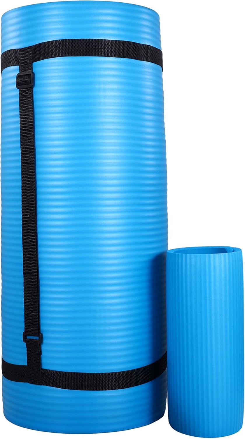 Exercise Yoga Mat for Home Workout, 1” Thick, Optional Blocks & Knee Pad