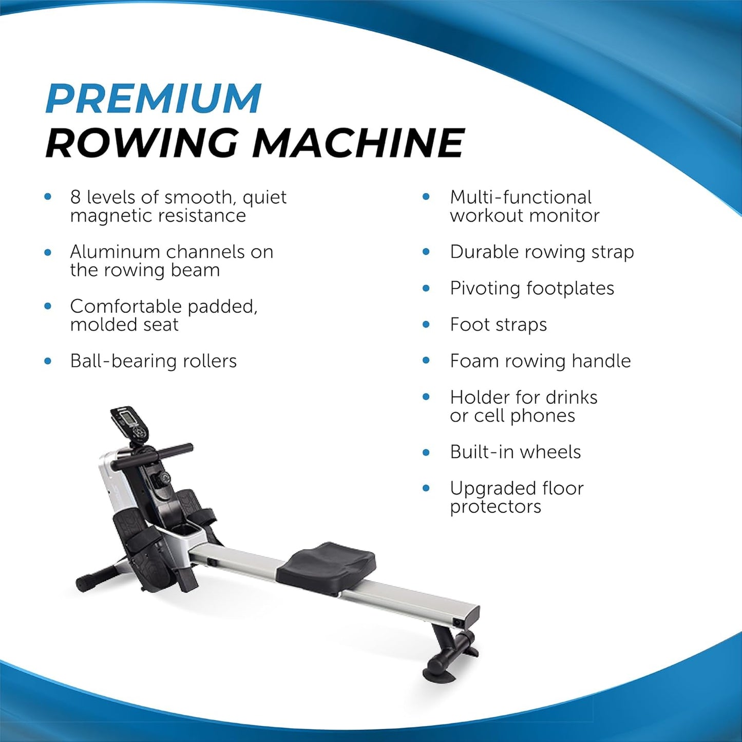 Magnetic Rower - Rower Machine with Smart Workout App - Rowing Machine with Magnetic Resistance for Home Gym Fitness - Up to 250 lbs Weight Capacity