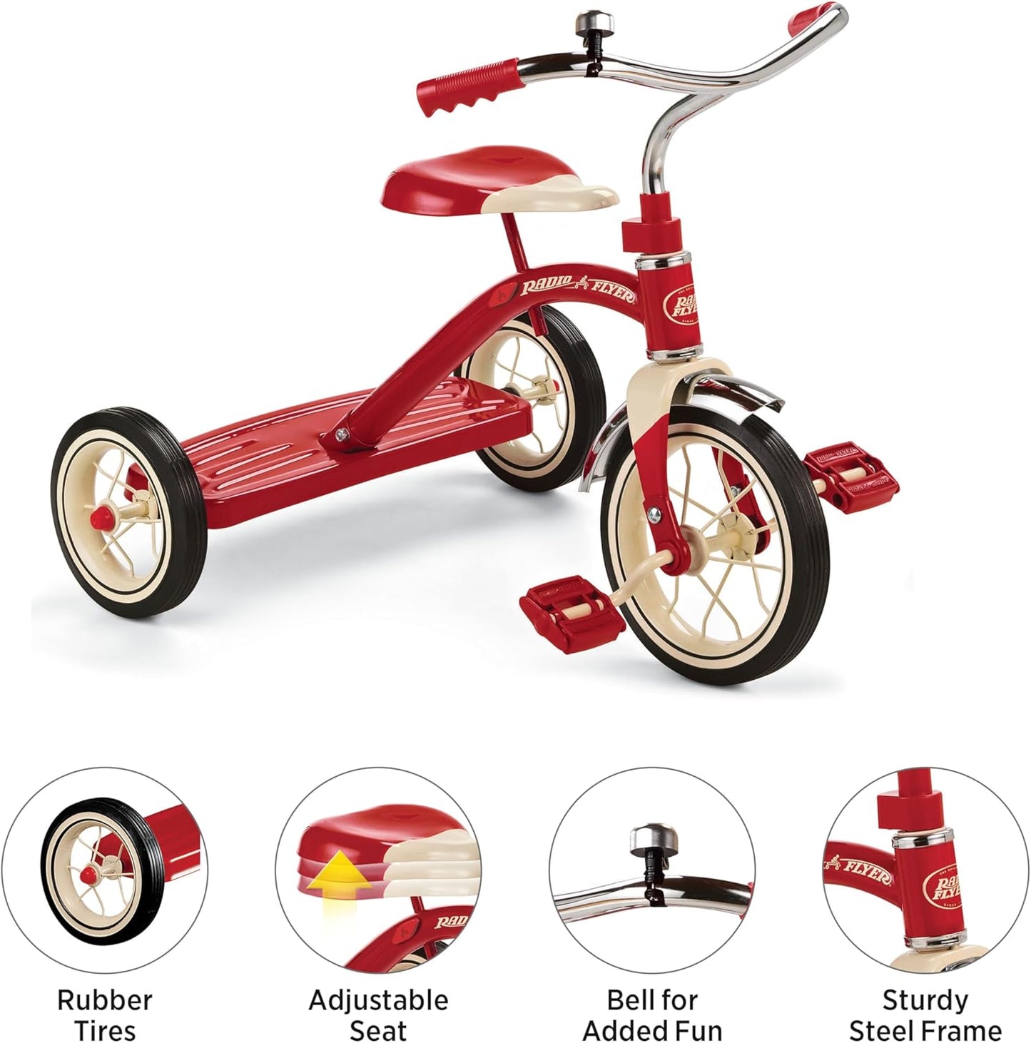 Classic 10 Inch Toddler Tricycle with Rubber Tires and Steel Frame, Red