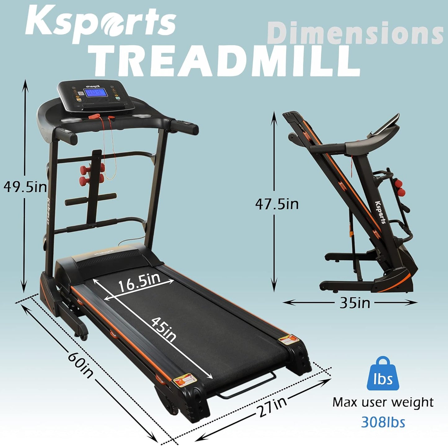 Foldable 16.5 Inch Cardio Fitness Portable Treadmill with Bluetooth Connectivity, LCD Display, and Tracking Apps for Home Gym Equipment, Black
