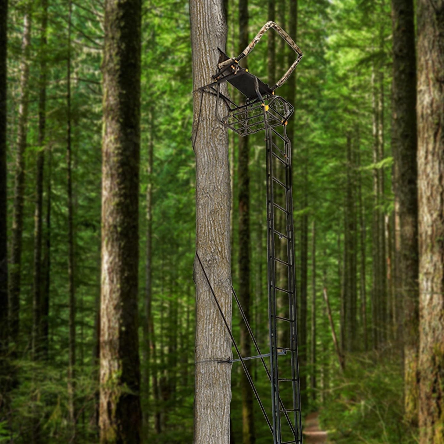 1-Person Huntsman Deluxe Steel Ladder Tree Stand, 17 ft Tall, 300 lb Capacity - Heavy-Duty Hunting Treestand with Lumbar Support Seat, Flip-Back Adjustable Shooting Rail & Silencer Technology