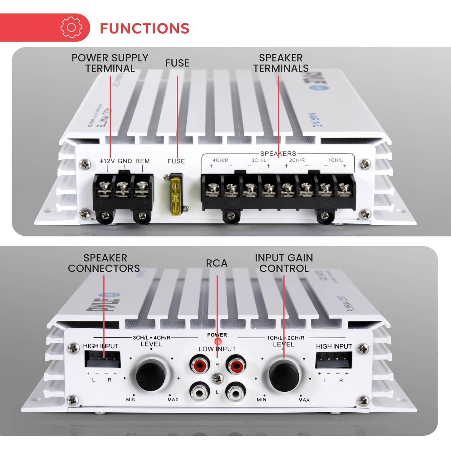 Pyle Hydra Marine Amplifier - Upgraded Elite Series 400 Watt 4 Channel Audio Amplifier, Waterproof, 12 volt, Dual MOSFET Power Supply, GAIN Level Controls, RCA Stereo Input & LED Indicator - PLMRA400
