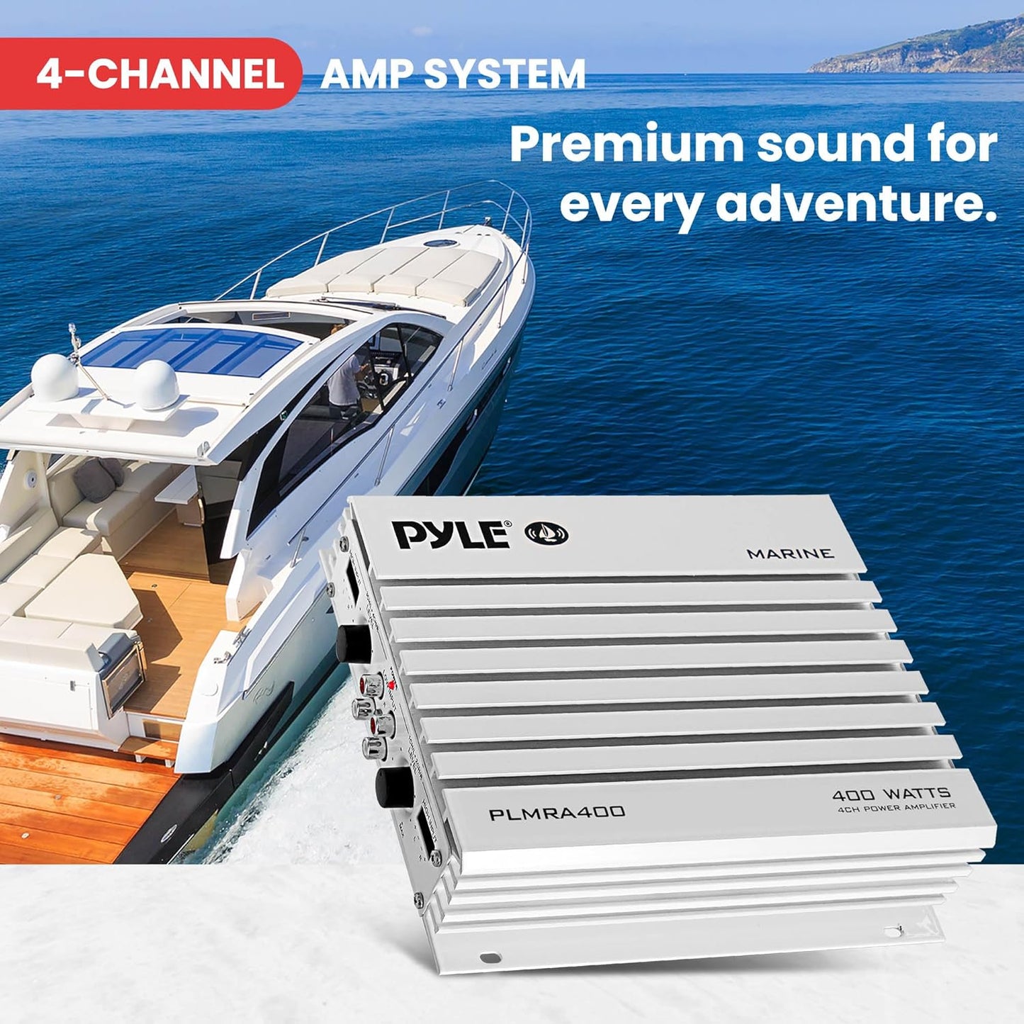 Pyle Hydra Marine Amplifier - Upgraded Elite Series 400 Watt 4 Channel Audio Amplifier, Waterproof, 12 volt, Dual MOSFET Power Supply, GAIN Level Controls, RCA Stereo Input & LED Indicator - PLMRA400