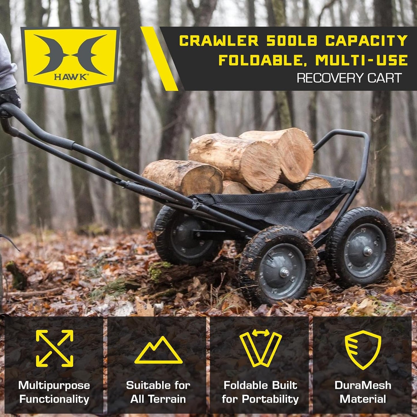 All-Terrain Multi-Use Deer Cart with Dual Pivoting Axles, 500 lb Capacity, Black - Hunting Hauler with Folding Frame and Versatile Sling for Easy Hauling of Game, Firewood & Bait